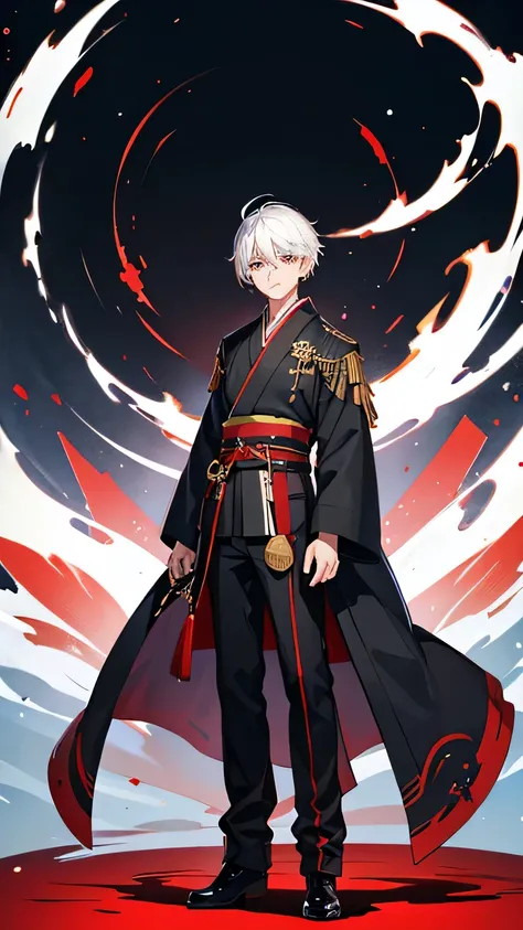 Solo, 1boy, full body, from front, , white hair, black hair, blue eyes, red eyes, wafuku, Japanese Clothes, from right in front of face and body, standing, 