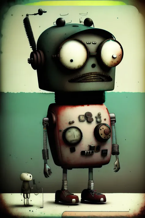 retro bipedal robot, earth color, happy, Optimist singing with a microphone, black baseball cap, glasses, short white beard, guitar in hand, Don Hertzfeldt, Jerome Hieronymus Hieronymus, Gabriel Pacheco