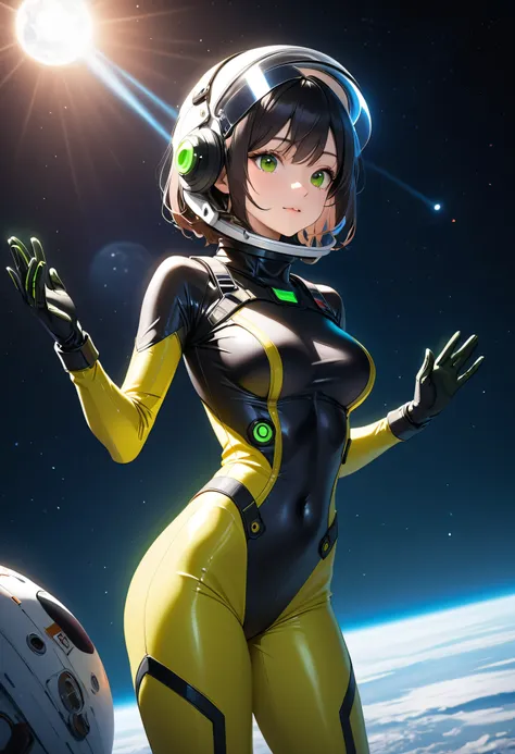 short hair,black hair,eyeliner,(astronaut, girl,  reinforced suit, ((green:1.5) plug suit), short hair, cinematic light, medium ...