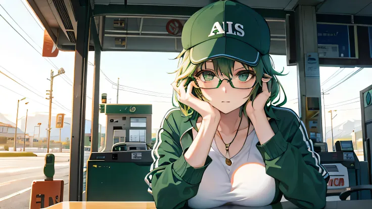 A beautiful woman with green hair, glasses and a cap at a gas station