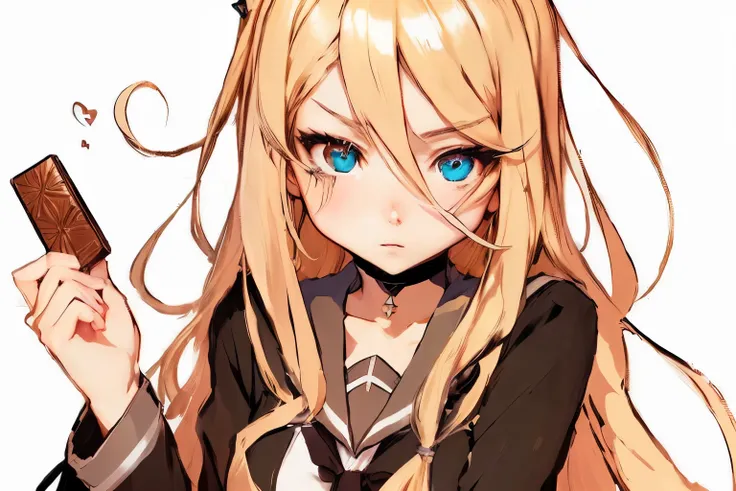 anime girl with long blonde hair holding a piece of chocolate, blonde anime girl with long hair, anime girl with long hair, ilya kuvshinov with long hair, female anime character, extremely cute anime girl face, anime waifu, anime style like fate/stay night...