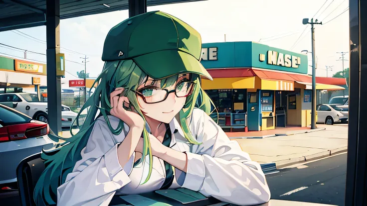 A beautiful woman with green hair, glasses and a cap at a gas station