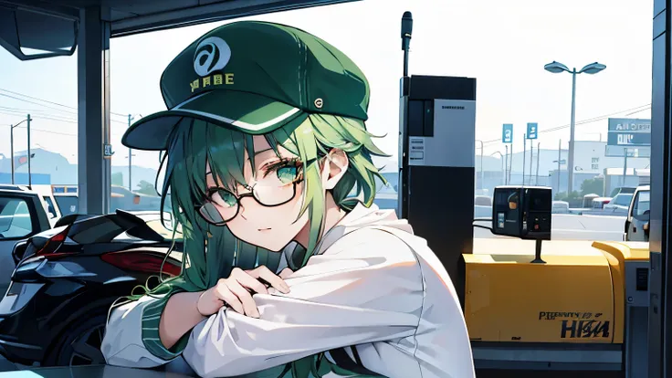 A beautiful woman with green hair, glasses and a cap at a gas station