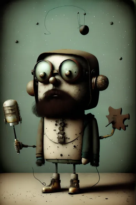 retro bipedal robot, earth color, happy, Optimist singing with a microphone, black baseball cap, glasses, short white beard, guitar in hand, Don Hertzfeldt, Jerome Hieronymus Hieronymus, Gabriel Pacheco