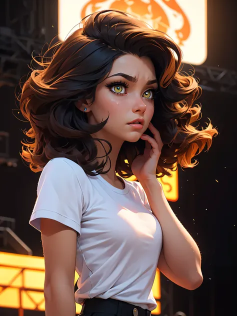 a young woman in her twenties, standing on a stage, she is sad, she wears a blue tee shirt, beautiful detailed yellow eyes, beautiful detailed lips, an extremely detailed face, long eyelashes, natural hair, her hair is cut short, dynamic pose, bright color...