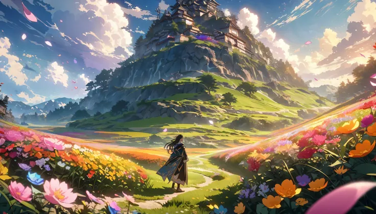  anime aestetics, anime scenery, japanese spirit arc standing in the open field, a few stones on the field, diverse landscape, beautifl atmosphere, breathtaking atmosphere, field filled with colorful flowers, peaceful atmosphere, petals flying in the air, ...