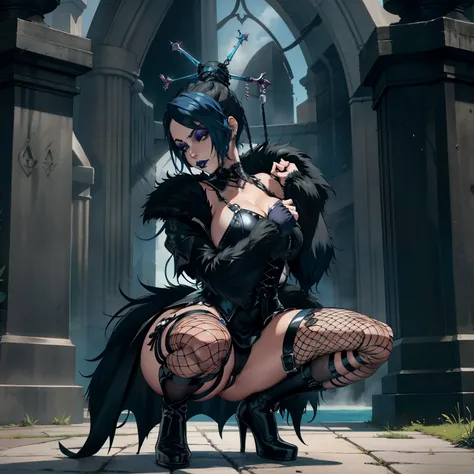 Gothic female wearing sexy fur lined dress, has blue hair, thicc, wearing fishnets, squatting, sexual pose, nsfw, lewd, black lipstick, goth makeup