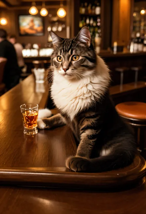 Fluffy cat at the bar at the table with a glass of whiskey realistic