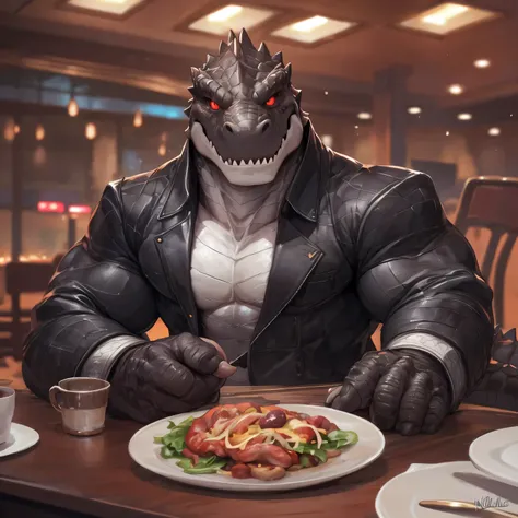 Solo, anthro, male,(T-Rex, black scales, short spinny scales, white belly, red color slit eyes, tail, hind legs), depth of field, perfect lighting, light particles,(La best quality), (super detailed), sharp focus, best quality, in restaurant, Detailed back...