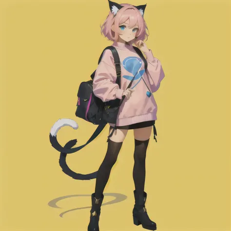 A cat girl with short pink hair and bright blue eyes based on the style of the Pokémon Mew. She has a long tail of the same shade as her hair with an oval tip.. Her outfit combines medieval and modern elements.: She wears a pink sweatshirt over a medieval ...