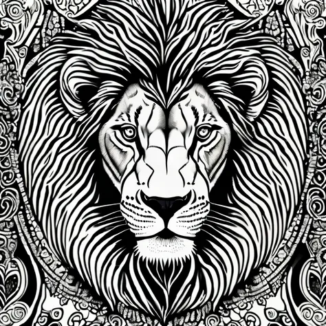 lion with intricate pattern inside of it, no color, no shading, no background.