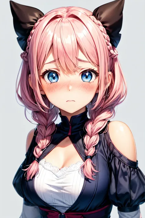 anime girl,Pink hair, ,((Impatient expression)),Beautiful breasts, open shoulder dress,well-styled,,(Facing the front)(((Blushing cheeks、Surprised look)),(((Braids))),((( Upper body portrait))),Blue eyes
