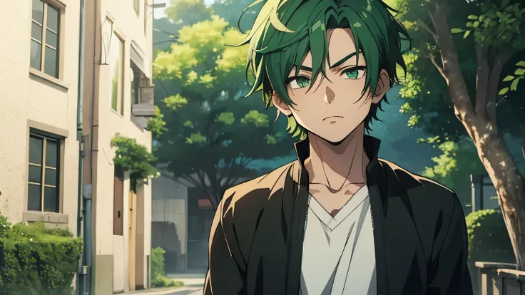 Green short hair green eyes straight face anime boy