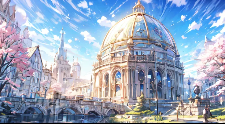 depict a scene of fantasy victorian university with a big glass dome at the top at the top of a hill looking at the city bellow, a stairway leading downward,  (((spring))), in day time and sky is very clear with bright sun light in spring time, 8K, bright ...