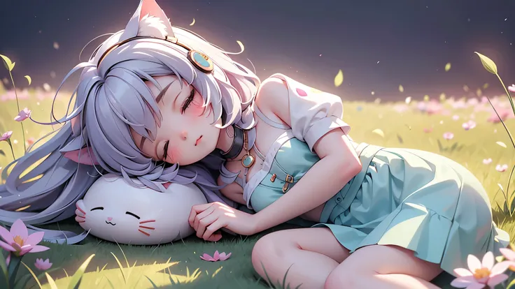 A serene lofi girl with her iconic headphones resting comfortably around her neck, lying on her side in a lush grass field that stretches out to meet the warm embrace of a breathtaking sunset. Her eyes are gently closed, revealing a sense of deep relaxatio...