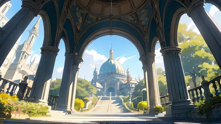 depict a scene of fantasy victorian university with a big glass dome at the top at the top of a hill looking at the city bellow, a stairway leading downward, (((spring))), in day time and sky is very clear with bright sun light in spring time, 8K, bright c...