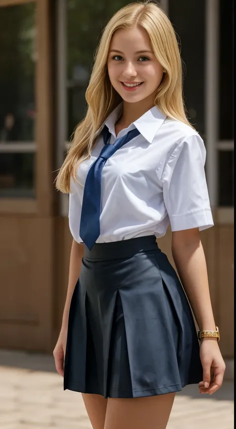 Photorealistic young school girl, short skirt, slim waist, short shirt, blonde