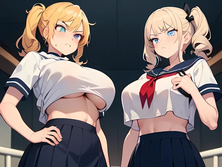 twins,(Two Girls),(Very curly hair,Bright blue eyes),(Freckles:0.8),(Big Breasts:1.5),High school girl,break
(Navy Blue,Cute Sailor Uniform,Checkered Pleated Skirt),Blue ribbon,break,
((standing on the right,Blonde twin tails)),(Lift up the skirt:1.4),(fan...