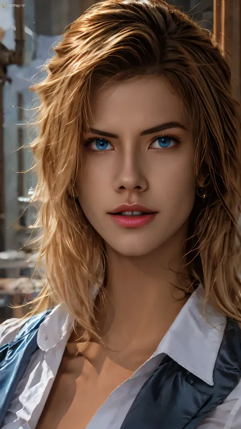 16K, HDR, RTX, raytracing, natural lighting, absurdres, best qaulity masterpiece, perfect anatomy highly detailed face, detailed eyes, 1girl, solo, wearing a business suit, shirt, top button open, beautiful hair, extreme beautiful, edgy, cool, evil aura, w...