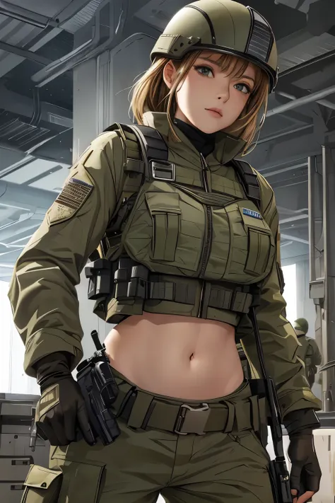 Women in crop top military bulletproof vest , military auscam cargo pants, belt, military helmet, tactical, (open navel), ((aiming a futuristic gun))