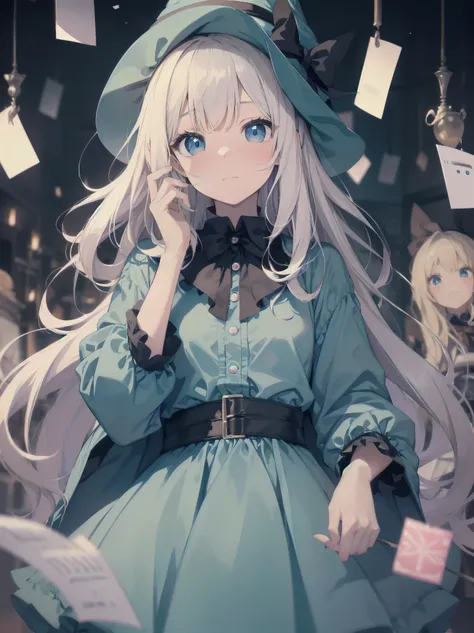 🎶, (🧙‍♀️), ✡, ✨(hat), , Alice in Wonderland, Alone, very beautiful, cute, adorable, embarrassed, alone, blue eyes, look at viewer, looking up, kawaii tech, pastel colors, kawaii, cute colors, Alice in Wonderland, alone, very beautiful, cute, adorable, emba...