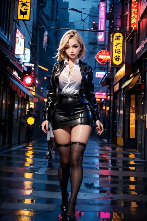 (Masterpiece, Best quality, ultra high resolution),1girl, gyaru, dark brown skinned, blue eyes, blonde hair, large breasts, thick thighs, himecut, Black office jacket, white shirt, black office skirt and black stockings, beautiful and detailed face, detail...