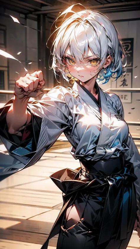 A karate fighter girl, 1. She has short white hair, and intense yellow eyes. She is wearing a white Kimono with black Japanese writings., a black belt around the waist and white kimono pants. She is in a modern Japanese fighting gym. (((SFNW blocked)))