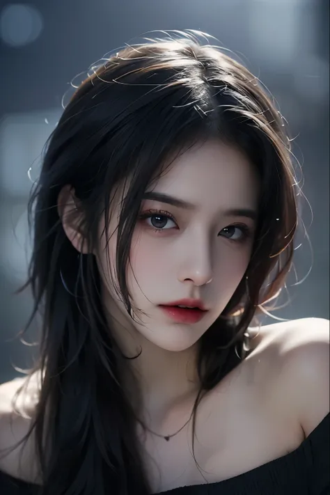 Best quality, masterpiece, ultra high res, (photorealistic:1.5), raw photo, 1girl, offshoulder, in the dark, deep shadow, low key, cold light, sexy look, short hair