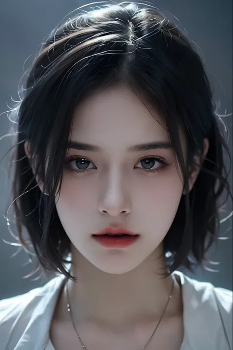 Best quality, masterpiece, ultra high res, (photorealistic:1.5), raw photo, 1girl, offshoulder, in the dark, deep shadow, low key, cold light, sexy look, short hair