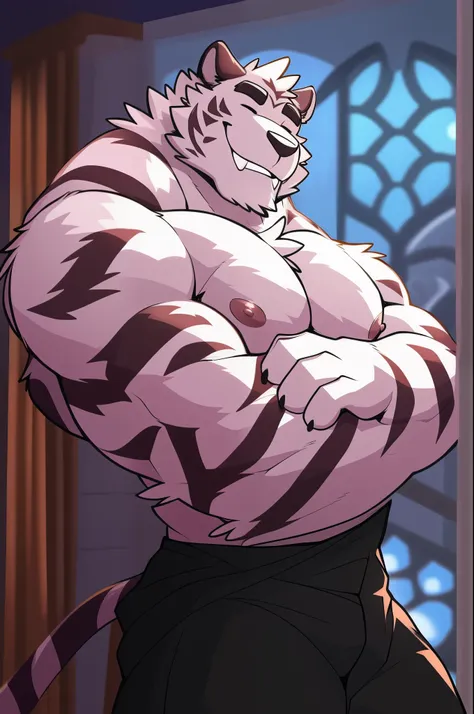 author: takemoto arashi, (1 boy), one, axel, white fur, black stripes,  men, second test, big body, pectoralis major muscles, bi...