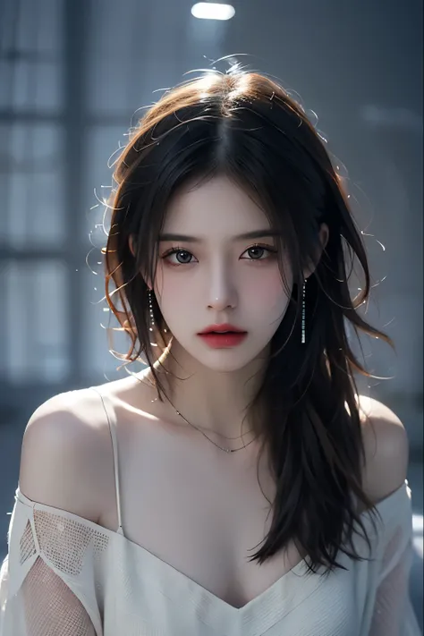 Best quality, masterpiece, ultra high res, (photorealistic:1.5), raw photo, 1girl, offshoulder, in the dark, deep shadow, low key, cold light, sexy look, short hair