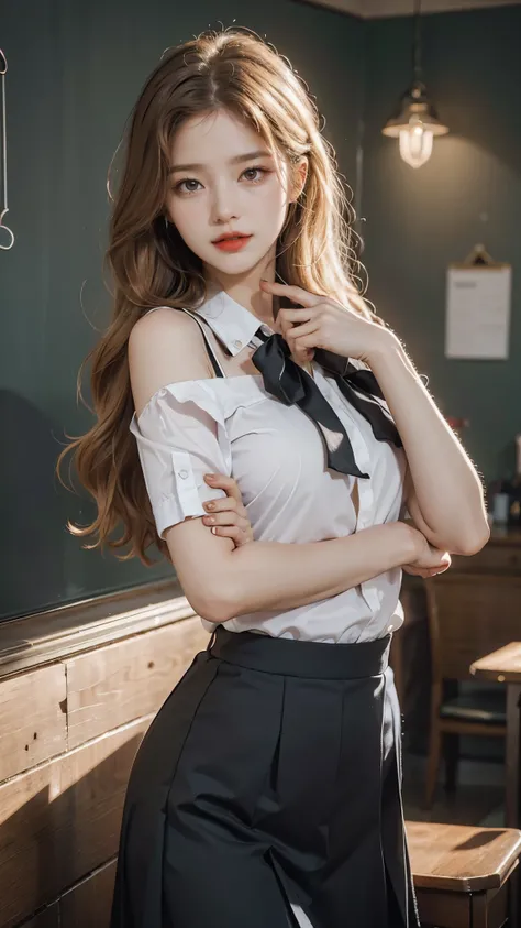 Girl wearing, luxury school uniform, shoulder length hair, wavy hair, expensive hair style, glowing skin, star in eye, red lips, crowded school background, cute poses , blonde hair.