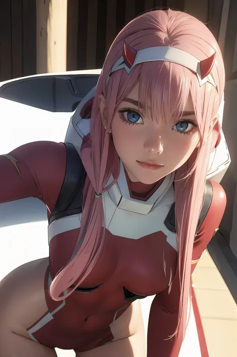 ((best quality)),((highly detailed)),masterpiece,absurdres,detailed face,beautiful face,((detailed eyes, deep eyes)),(1girl),((dynamic pose)), Zero_Two, green eyes, 1girl, solo, red bodysuit, long hair, pilot suit, pink hair, bodysuit, straight hair, hairb...