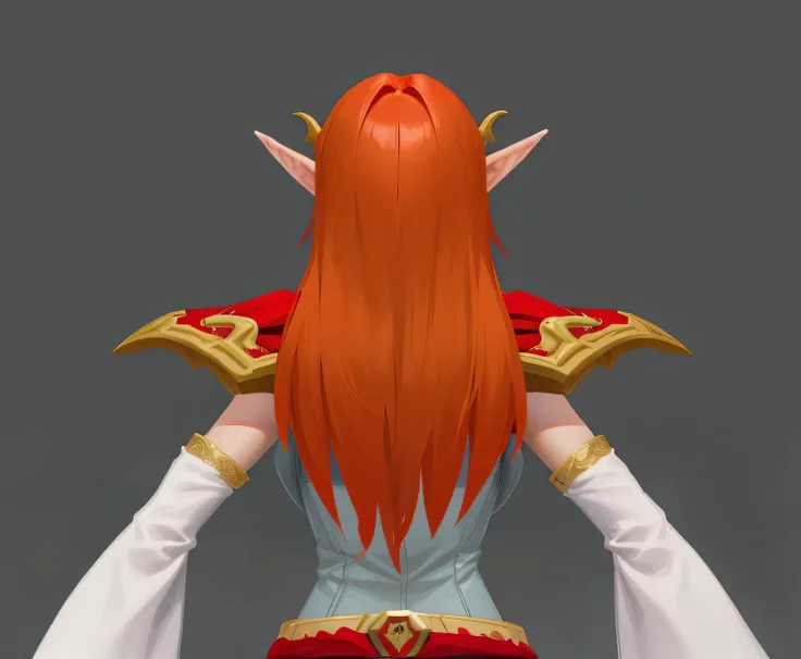 a close up of a woman with long red hair and a red cape, backveiw picture of elf rogue, detailed hair foggy, upscaled, untextured, hand painted textures on model, upscaled to high resolution, red waist-long hair, ultra high pixel detail, long fire hair, wo...