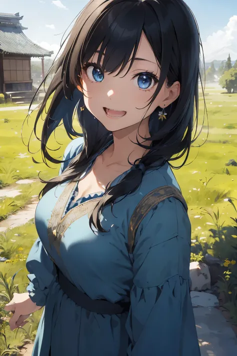 ((Top Quality)), ((Excellent)), (Details),,((Japanese)),Ultra-Realistic,Stunning Environment,Vivid Colors,,Black Hair,(Childish Face),((Straight Hair)),Shiny Hair,Medium Breast,((Blue Eyes)),((Grassland)),((Sharara Kameez)) ,Shiny Hair, Blunt Bangs,One Gir...