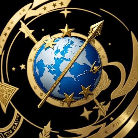 military emblem, earth globe with gold spear stiking diagonally and 2 stars on top, 2 stars on bottom. made for he free terran r...