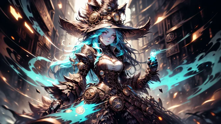 [Best quality, Shaded, extreme detail, highly detailed, ultra detailed, intricate, Realistic], woman, hairy woman, wolf woman, full body portrait, full fur, magic fur, full tail, big signal, magic tail, long hair ( colored hair), hat on the head (steampunk...