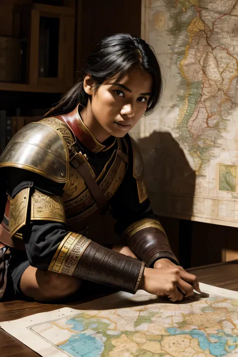 A warrior, sitting in front of a map before a battle