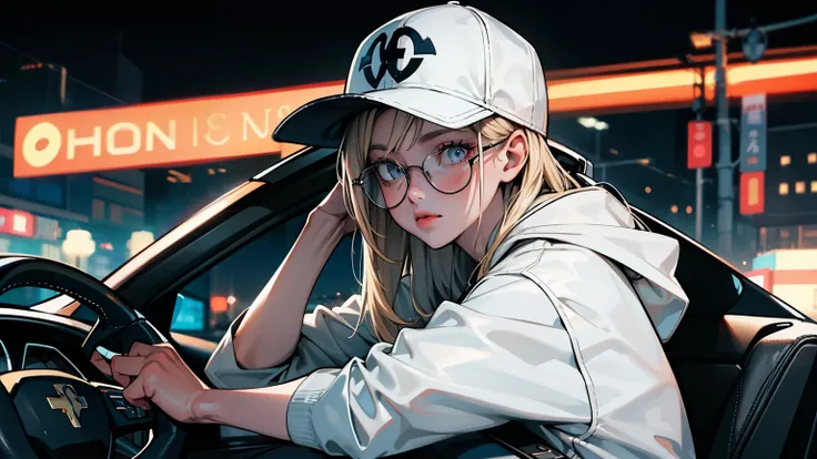 Urzan-6500, (Realistic: 1.3) (original: 1.2), masterpiece, Best Quality, Beautiful and clean face,A girl sitting in a car, Night City,Great photos, White baseball cap,Golden Hair、Cross your arms, Grey hoodie、Big sunglasses