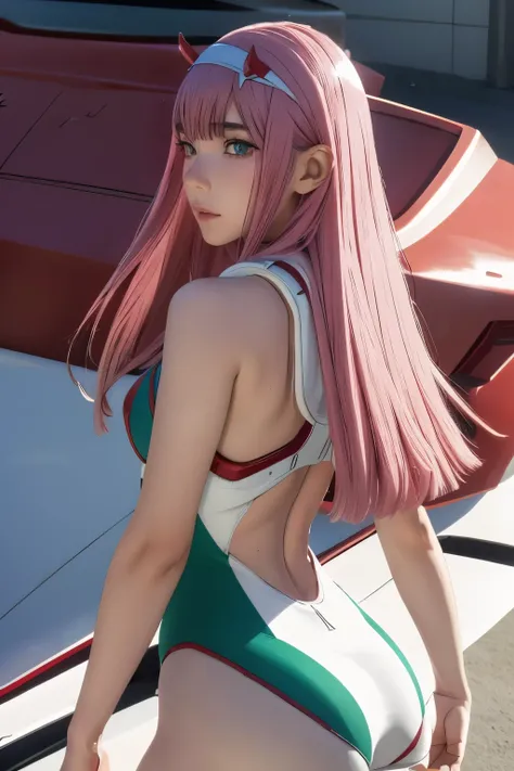 ((best quality)),((highly detailed)),masterpiece,absurdres,detailed face,beautiful face,((detailed eyes, deep eyes)),(1girl),((dynamic pose)),   Zero_Two, green eyes, 1girl, solo, red bodysuit, long hair, pilot suit, pink hair, bodysuit, straight hair, hai...