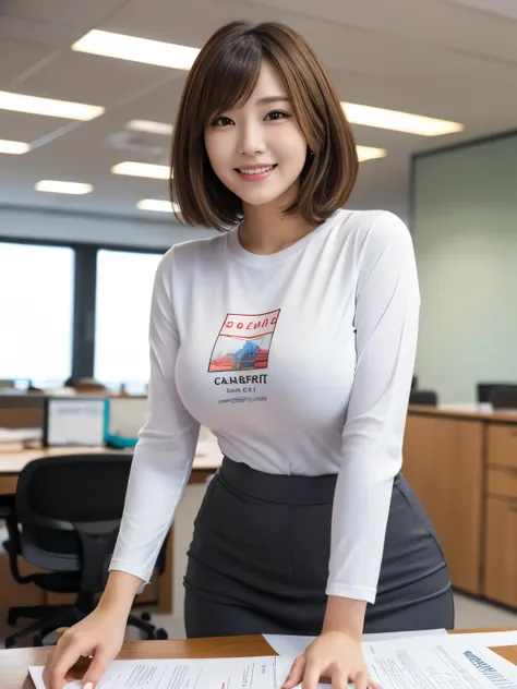 ((masterpiece, Best Quality, High resolution, Extremely detailed)), Short hair mature woman, Big and soft breasts,Doing desk work in the office、Wear a long-sleeved T-shirt,Located away from the camera、Smile lightly,