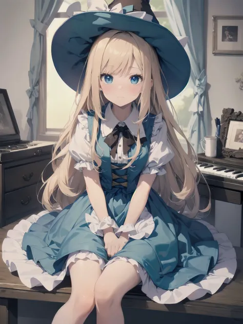 🎶, (🧙‍♀️), ✡, ✨(hat), , Alice in Wonderland, Alone, very beautiful, cute, adorable, embarrassed, alone, blue eyes, look at viewer, looking up, kawaii tech, pastel colors, kawaii, cute colors, Alice in Wonderland, alone, very beautiful, cute, adorable, emba...