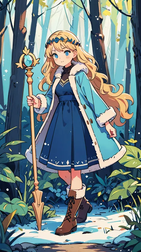 a woman in a wintery forest, woods, modest breasts, wavy blonde hair, blue eyes, long blue dress, boots, fur winter coat, circlet, wooden staff