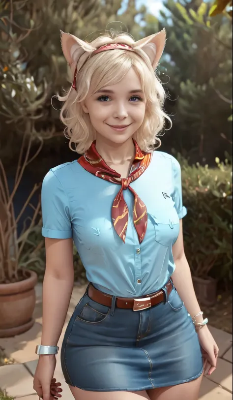 very young slim fit girl, full height, rounded face, (long curly disheveled blond hair:1.4), big blue eyes, shy smile, perfect medium breast, band on head with fake cat ears, monroe, pioneer neckerchief, short tight blue pleated skirt, bangs, tight white s...