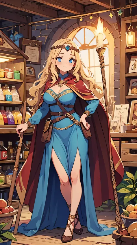 a woman in a fantasy marketplace, modest breasts, wavy blonde hair, blue eyes, long sheer blue dress, brown cape, circlet, wooden staff