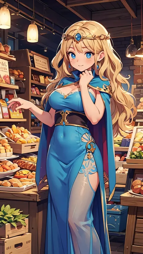 a woman in a fantasy marketplace, modest breasts, wavy blonde hair, blue eyes, long sheer dress, cape, circlet