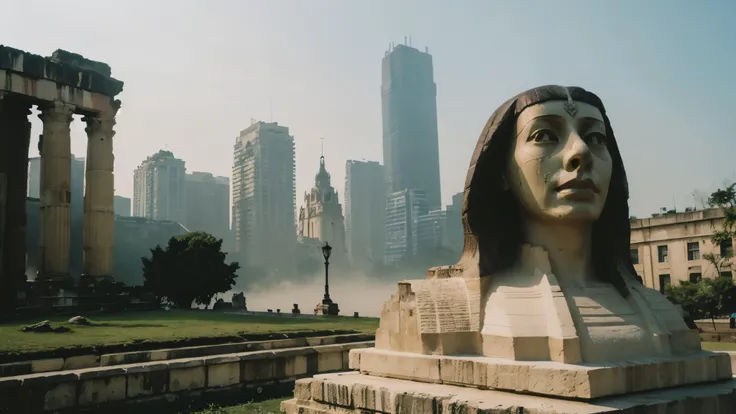 A ghostly, mist-shrouded Sphinx looms over ancient ruins of Sao Paulo city, its enigmatic gaze piercing through time and space. The intricate details of its weathered stone features blend seamlessly with the ethereal background, creating a sense of otherwo...