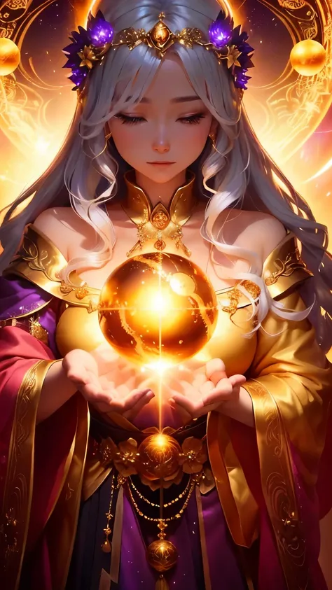 Woman in a golden dress holding a glowing ball, A medium-haired woman with silver hair and a gorgeous hair accessory holding an orb, wicca, Magical Wizard, Casting a Spell, Beautiful Sky Mage, Holy Golden Spell, 保護のCasting a Spell, wicca, 強力なCasting a Spel...