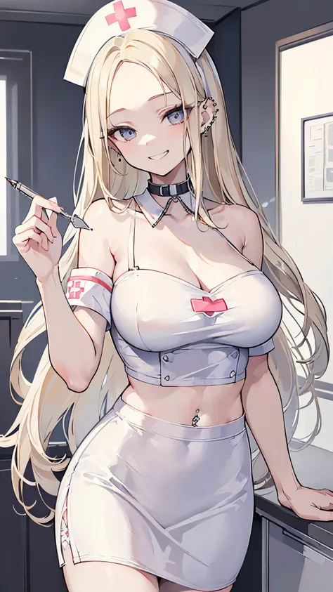 ((masterpiece、Best Quality、Very detailed))、One girl、Blonde、Long Hair、Parted bangs、((forehead))、Grey Eyes、evil smile、((Grin))、((lots of piercing))、Large Breasts、Nurse cap、((nurse uniform))、((Open collar))、((clavicle))、((White blouse))、((clavicle))、((white p...