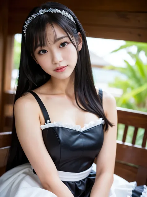 (Best-quality, Masterpiece, Ultra-High-Resolution, (Photorealistic:1.4), Raw Photo), 1girl, the most famous Japanese-idol, sitting on chair, innocent smile, ((wearing the most erotic maid-costume)), (((the most erotic face)), ((the most erotic and the bigg...